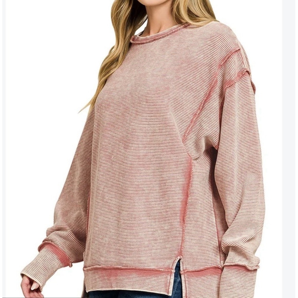 ZENANA Acid Wash FLEECE CREWNECK PULLOVER SWEATSHIRT SIDE RIB DETAIL Size Large